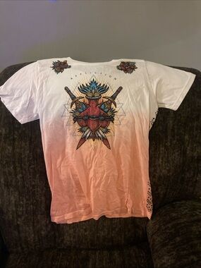 Affliction White-to-Peach Ombre Tee with Heart & Twin Swords